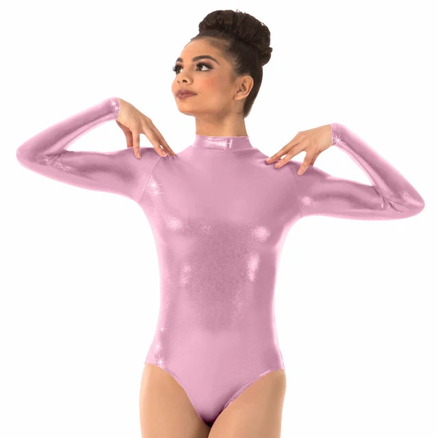 Женское серое металлическое трико, блестящее танцевальное трико с длинным рукавом для взрослых, балетная водолазка, Одежда для танцев, золотые трико для девочек, топы