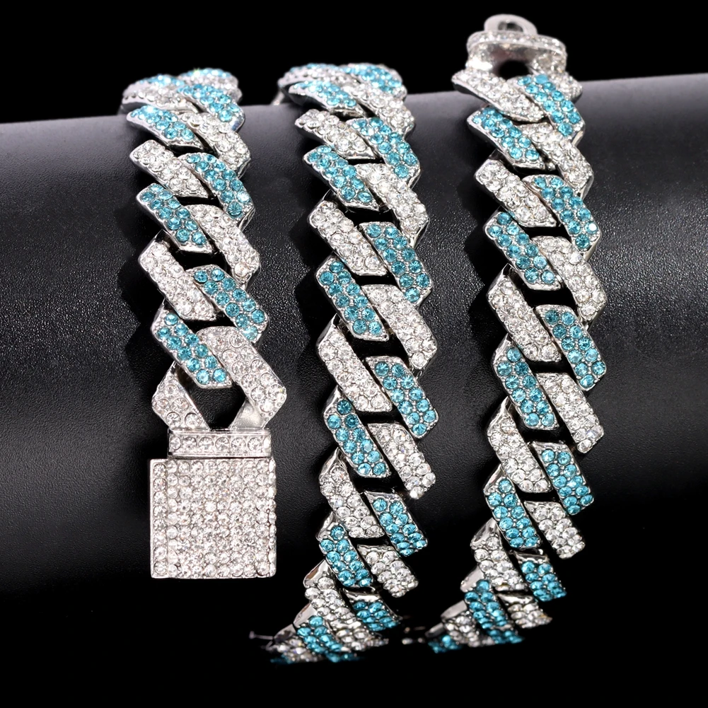 Wholesale Fashion Jewelry Hip Hop Two Tones Blue Diamond Chain Necklace Miami Cuban Chain Prong Necklace for Men
