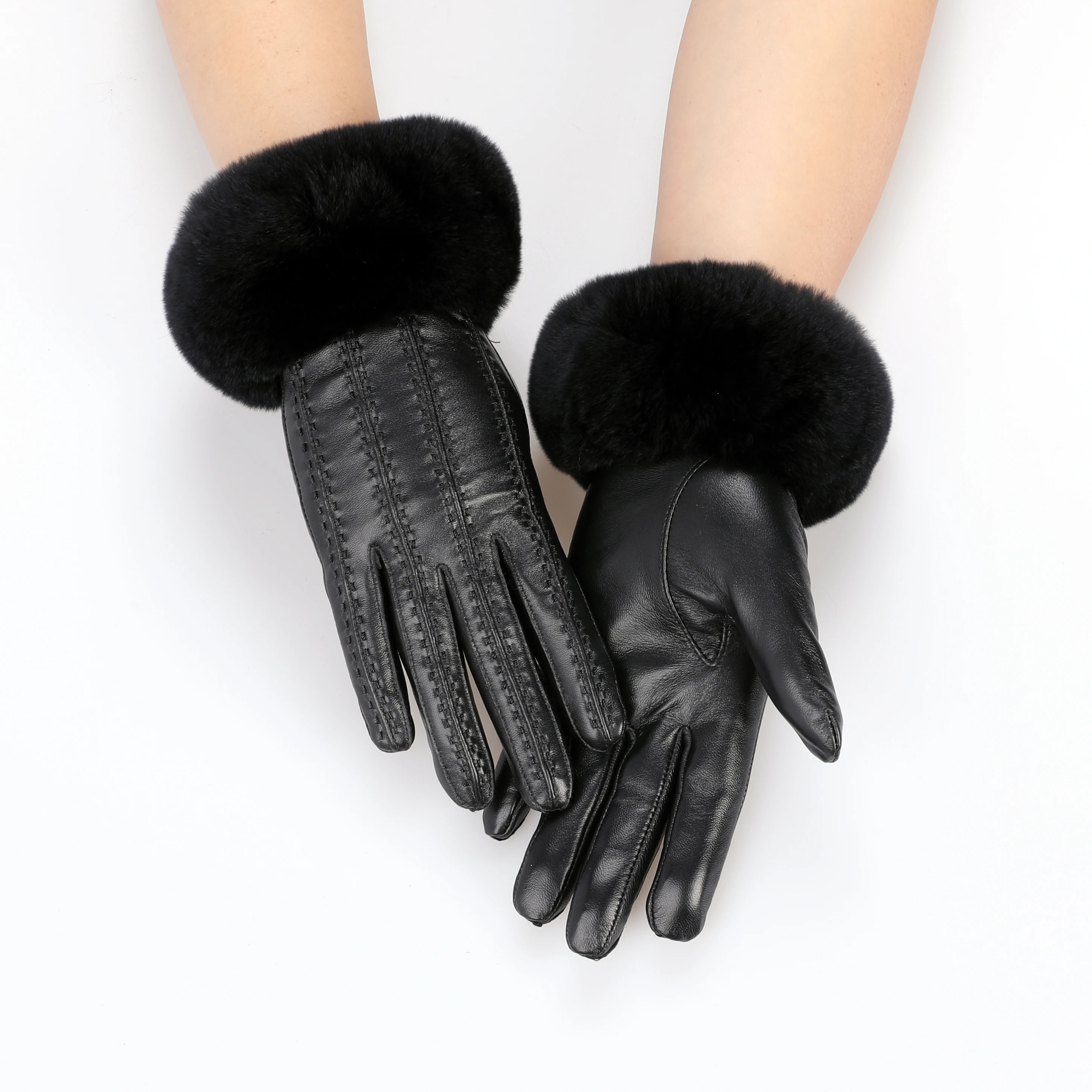 Ladies Winter Warm Real Leather Gloves Fluffy Rex Rabbit Fur Glove Cuffs