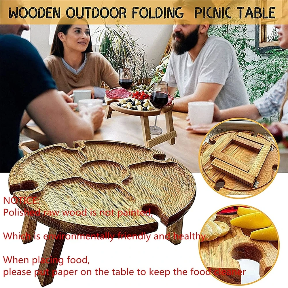 Wooden Outdoor Foldable Picnic Table with Glass Holder,Outdoor portable Wine Table, Small fold up Beach Camping Table CNLF