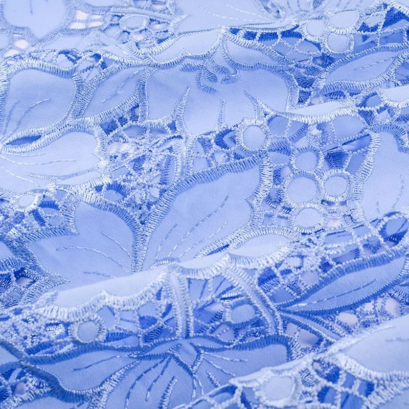 Guipure Lace Fabric With Embroidered Flower Patterns Water Soluble Light Blue Laces Fabric For Women Wear Making
