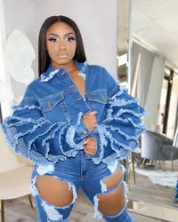 2021 New style ladies frayed fringe style blue denim jacket bell short-sleeved flared jeans jacket for women