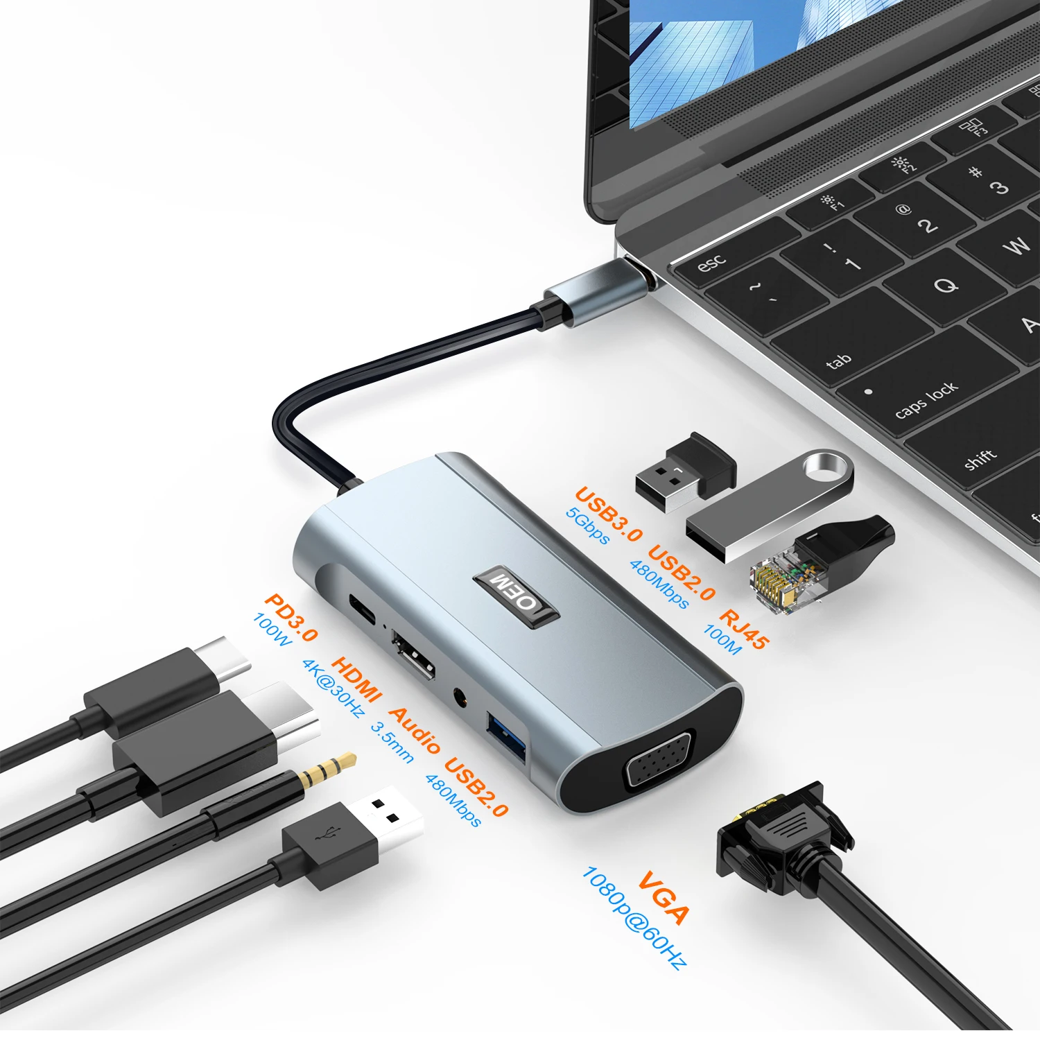 Оптовая продажа женское бельё 8 в 1 Type-C адаптер USB-C концентратор 4K 30 Гц конвертер Кабель naar Ethernet 3 0 USB C VGA док-станция Usb для