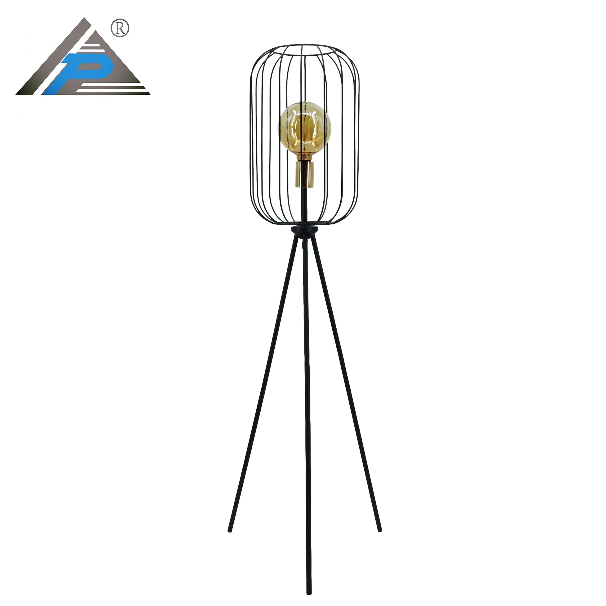 Contemporary Silhouette Design Indoor LED Standing Lighting Tall Matte Black Metal Cage Tripod Floor Lamp for Living Rooms