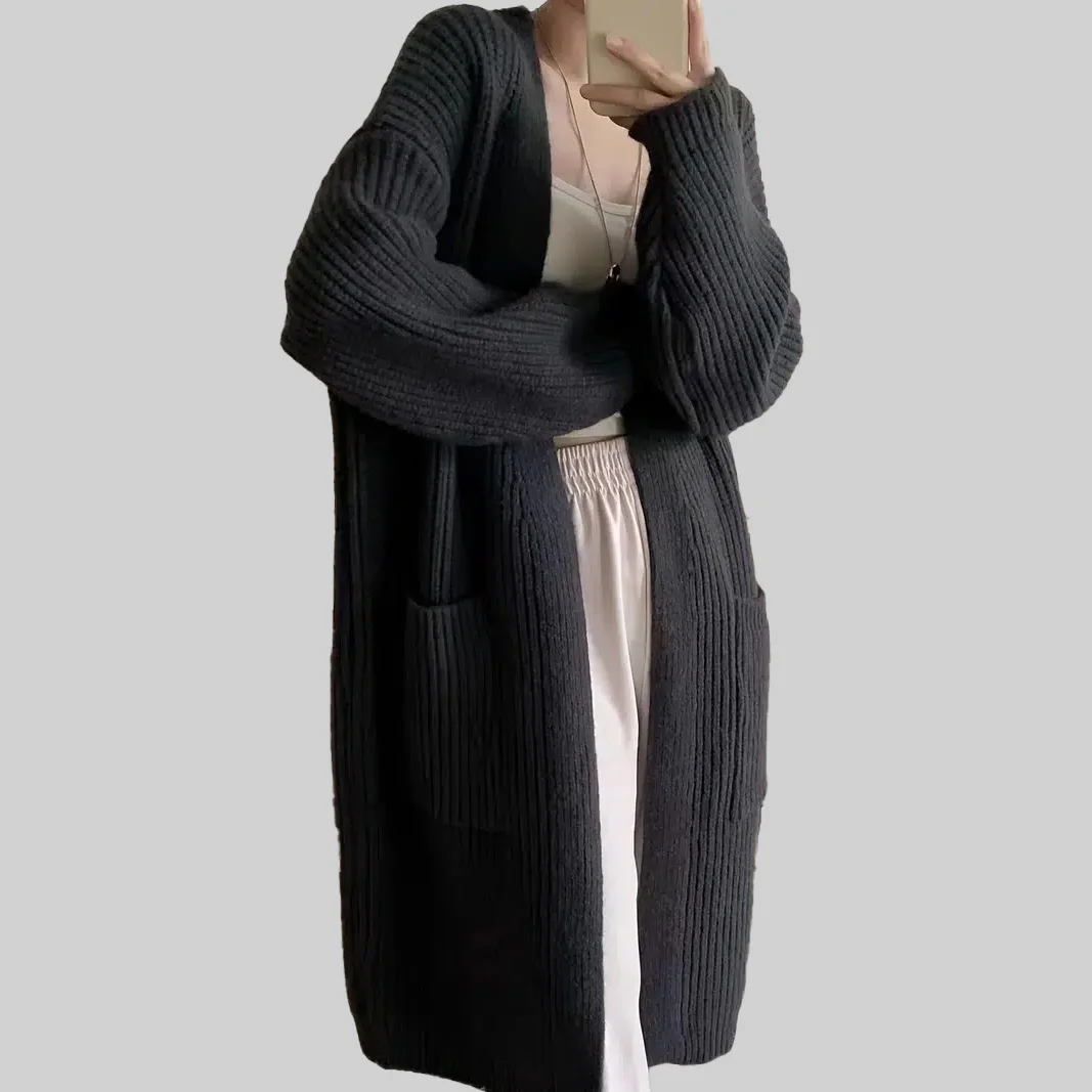 Custom FNJIA Long Ladies Cardigan Sweater Autumn And Winter Knit Women Jumper V-neck Loose Jacket Knitted Cardigan Women