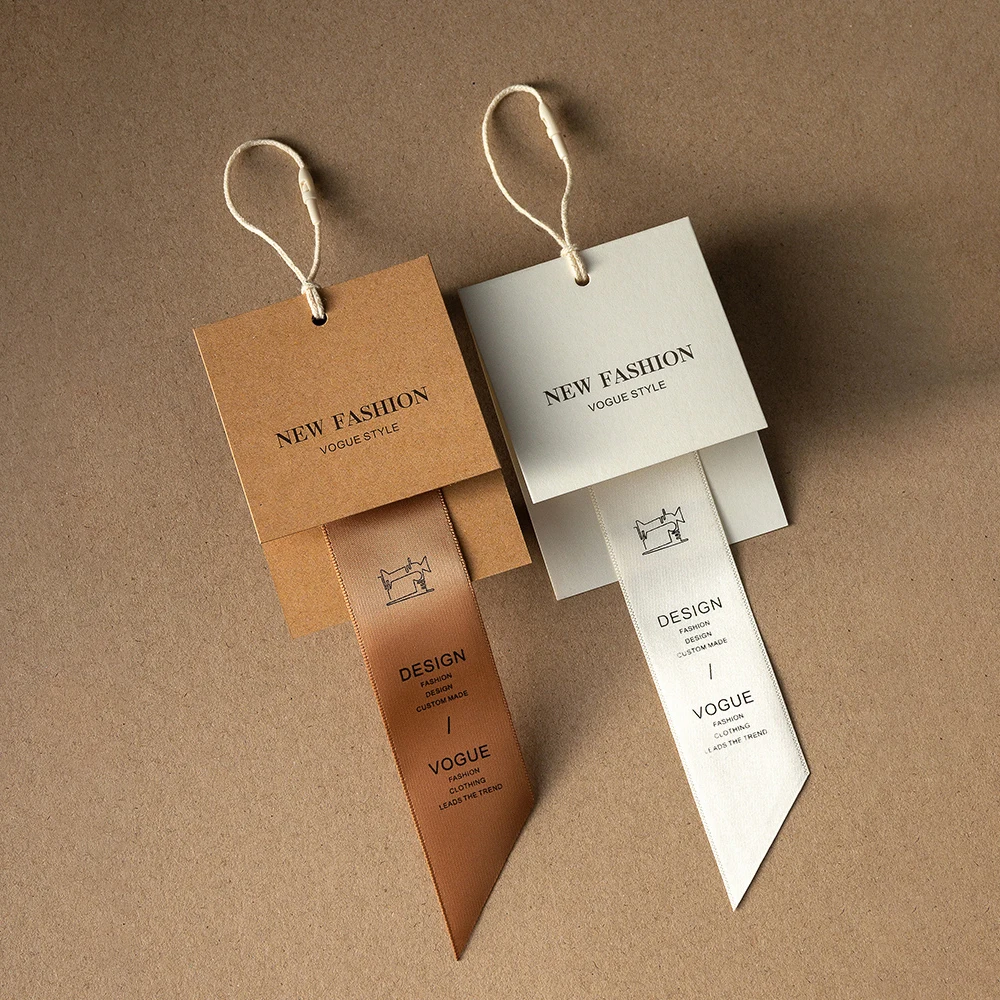 Custom logo printed recycled clothing garment jean swing kraft paper hang tag Hangtag label sticker for clothing with ribbon