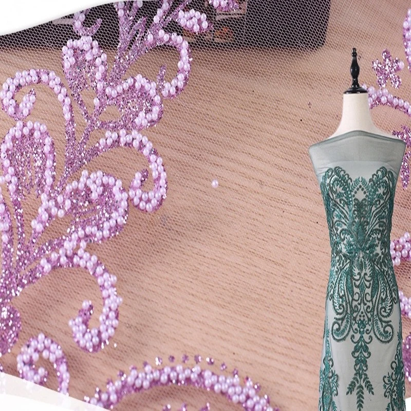 New arrival elegant pearl beaded sequined holographic glitter tulle