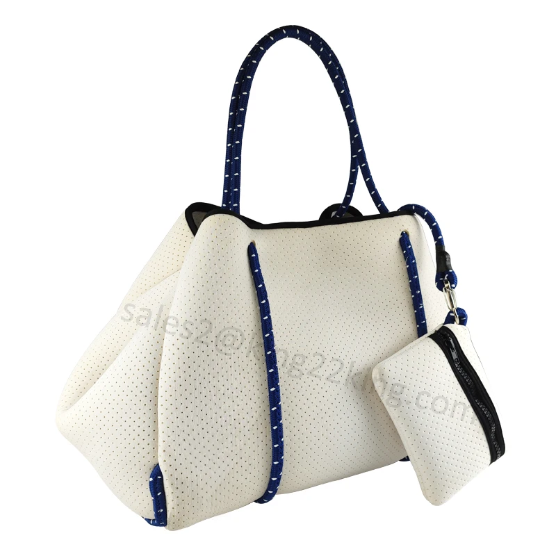 Customized Company Logo Lady Beach Tote Bags, Hotsell Fashion Neoprene Large Perforated Women Beach Tote Bags with Small Hole