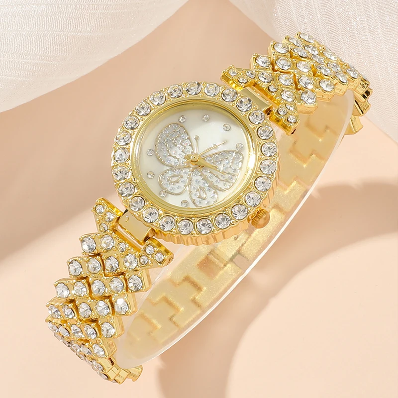 Fancy Ice Out Shiny Diamond Butterflies Ring Earrings Necklace Bracelet Watch Gift Set For Women