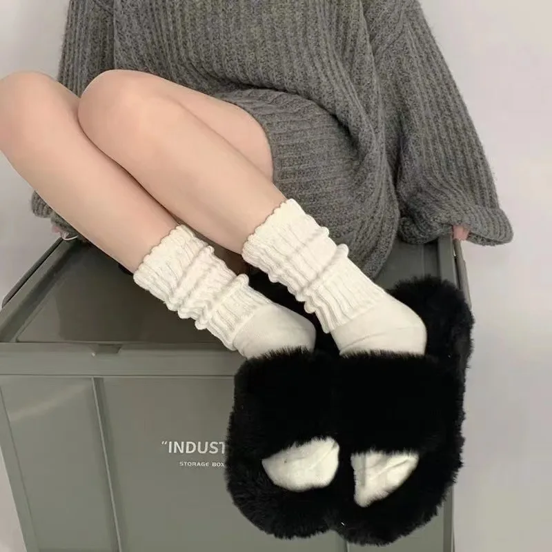 Autumn Winter Knitted Long Socks Women Girls Casual Loose Crochet Middle Tube Lolita Sox Cotton Solid Boot Cuffs Ruffles Socks
