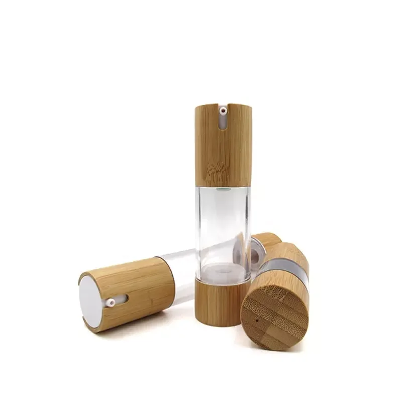 Nature bamboo lids 15ml 30ml 50ml 100ml Hot Sale Plastic Dispenser Lotion Pump Airless Bottle with Bamboo Pump