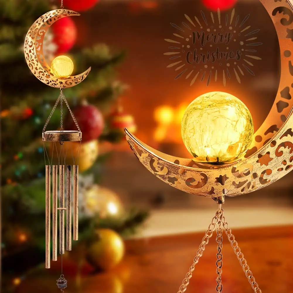 Ramadan Moon LED Solar Wind Chime Mobile Outdoor Hanging Lighting Terrace Porch Deck Garden Ramadan Decorations Lights