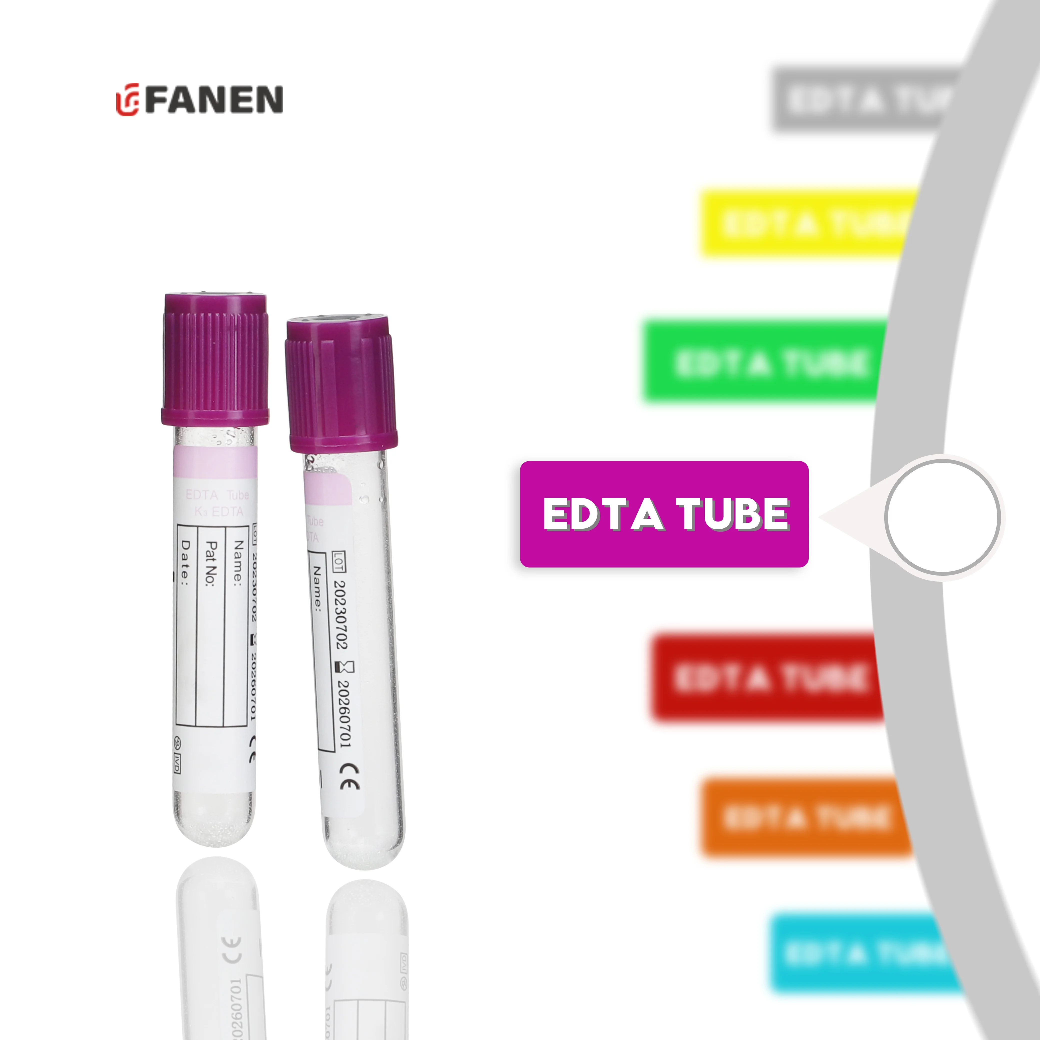 Fanen 4ml Plastic Purple  Edta K2 K3 Vacuum Blood Test Tube PET Blood Sample Collection Tubes