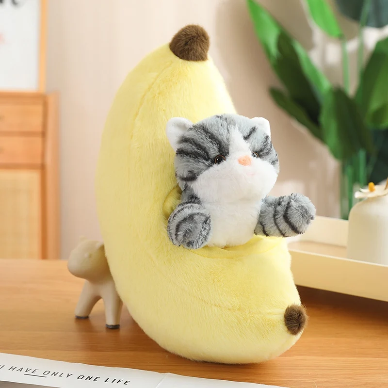 Wholesale cartoon fruit cat stuffed doll strawberry nest cat plush toy banana nest cat plush doll
