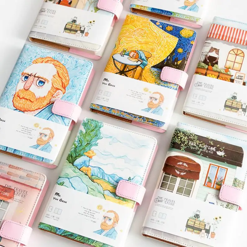 Creative magnetic buckle notebook 32k Mr. Van Gogh color page PU leather art hand account book notepad