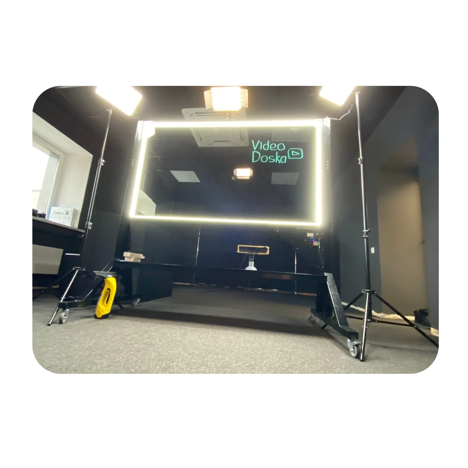 Video Production Professional Equipment, Turnkey Set: Whiteboard, Full HD Camera, Sound System, 3 Monitors, Lights, Background