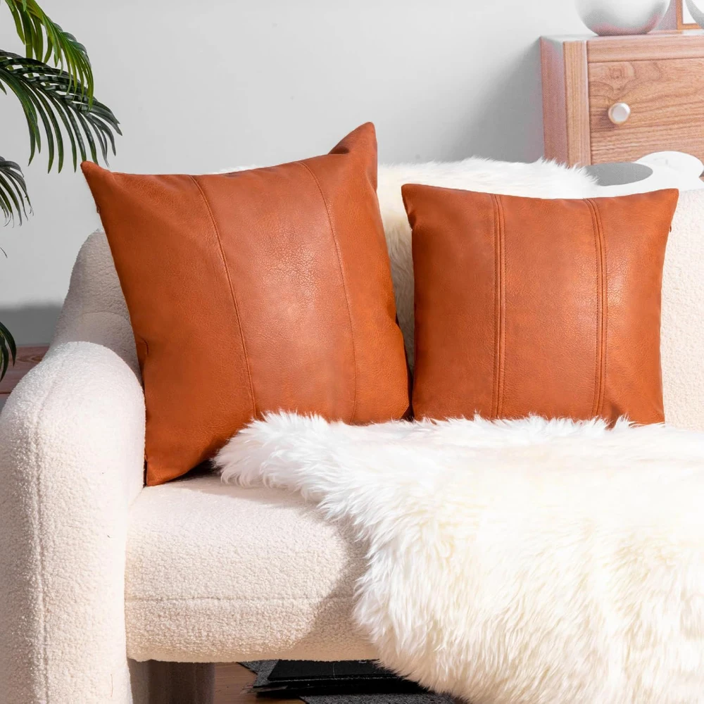 Hot Sale Farmhouse Decor Artificial Leather Cushion Cover, Vintage Thick Brown Faux Leather Throw Pillow Covers For Sofa