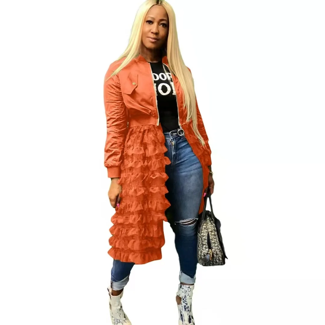 S 3X 4X 5XLFashion Zipper Solid ColorJacket Mesh Lace Dress Plus Size Women Jacket Fall Winter Coat