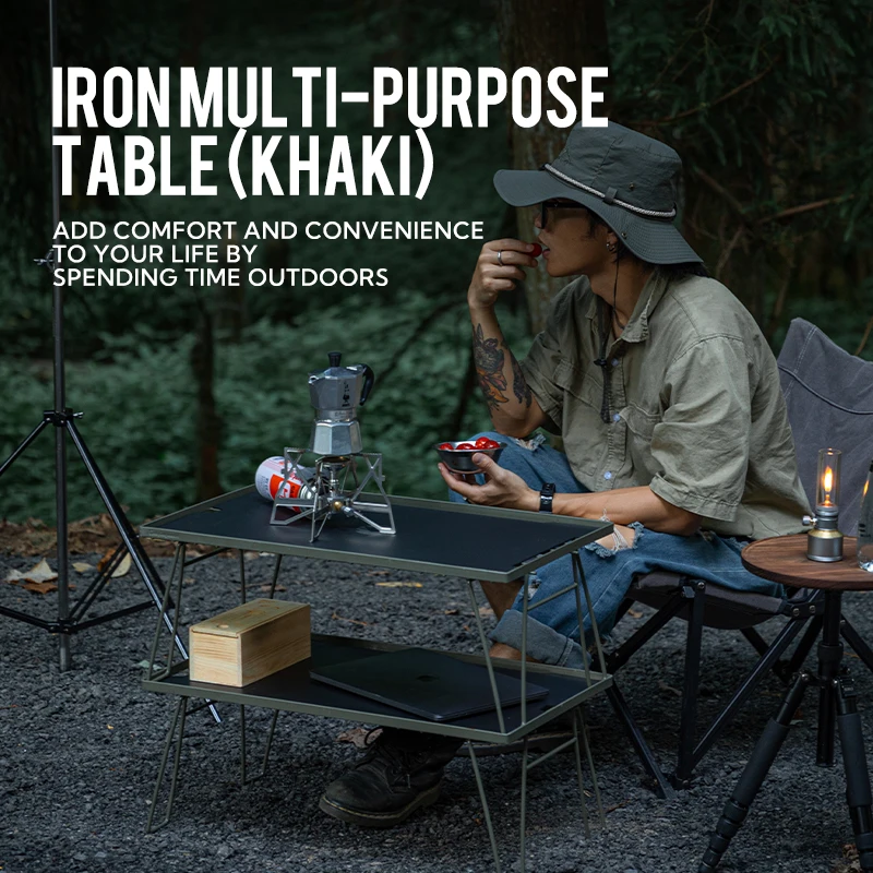 IGT Heavy duty green storage rack 2 shelves camping picnic table & chair set  metal camping kitchen folding table