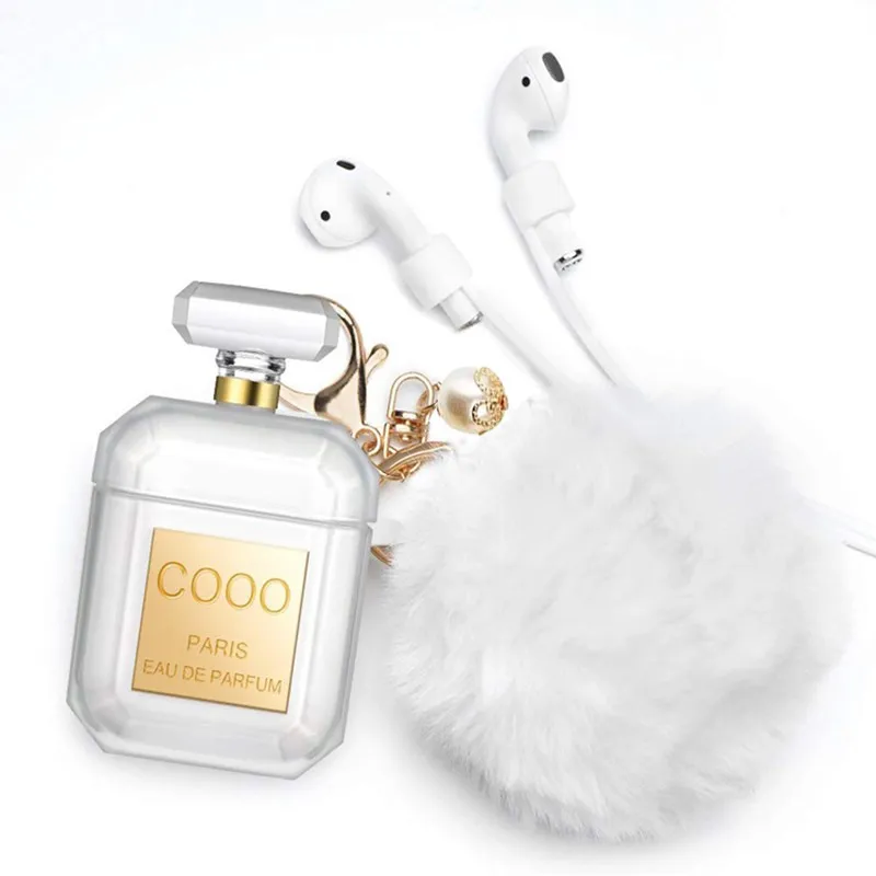 Hot Sale Perfume Bottle Silicone TPU Earphone Protective Cover For Airpods 1 2 Pro With Fur Ball Keychain For Girls Women