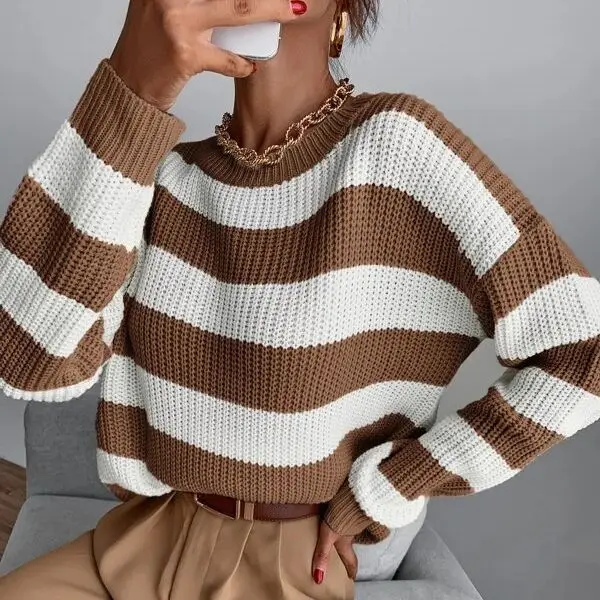 2024 New Autumn/Winter Knitwear Top Color Block Korean Loose Lazy Stripe Pullover Sweater