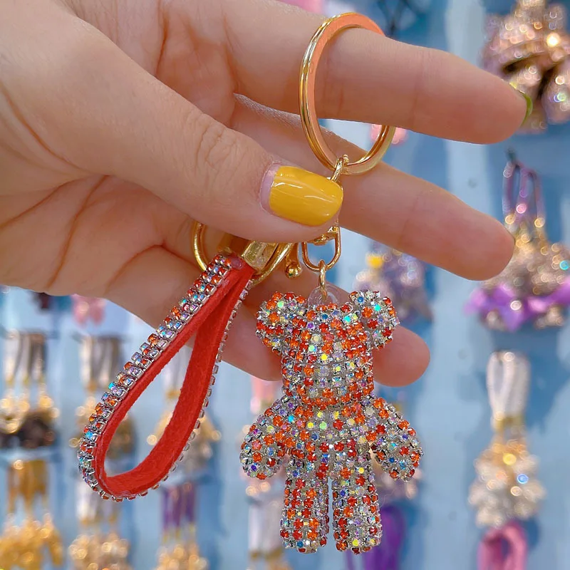 Bling Sparkle Keychain Accessories Women Car Keys Keychain Charms Cute Rhinestone Bear Keychain For Handbags