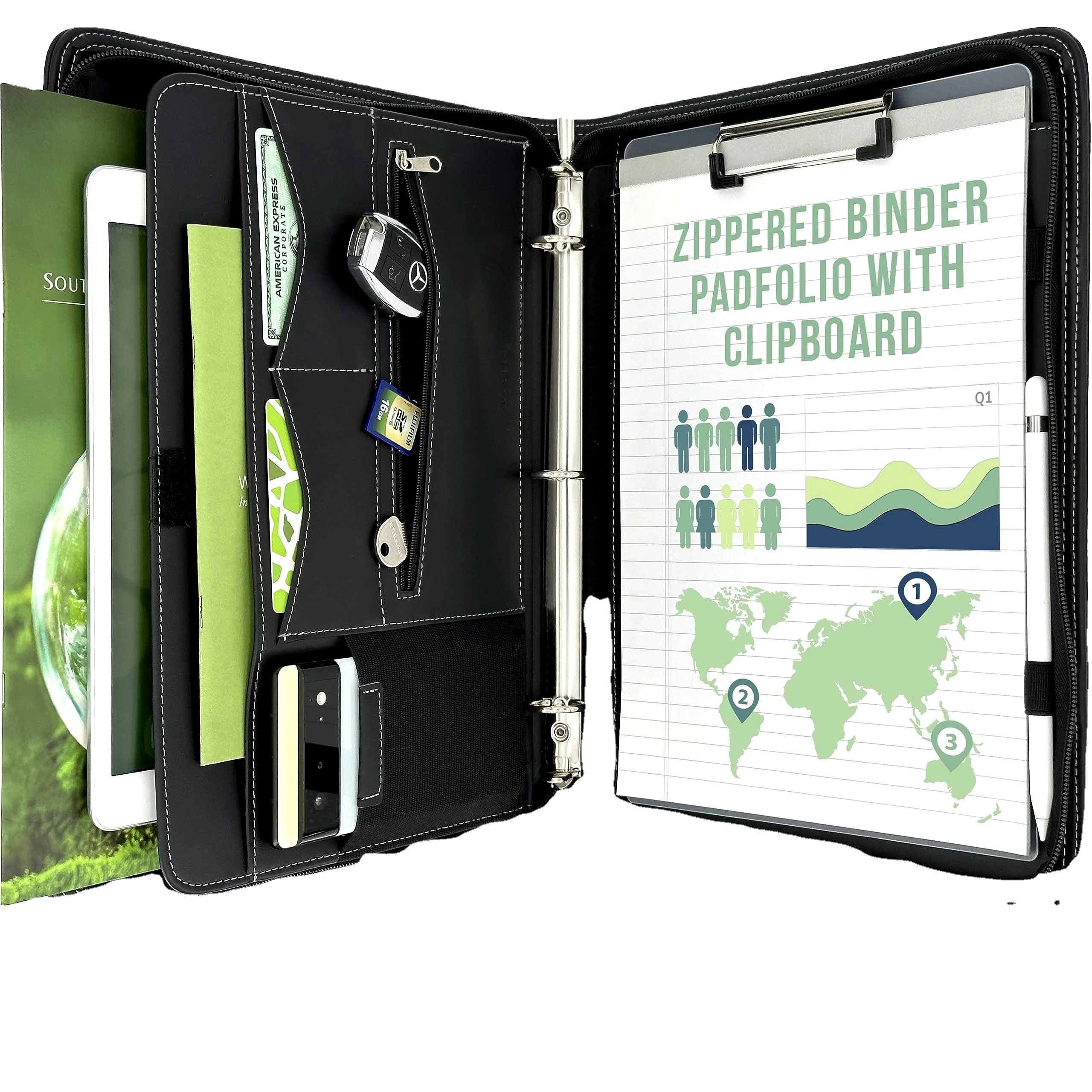 custom logo embossing PU leather luxury A4 size spiral planner 3 d ring binder file folder document business portfolio for men