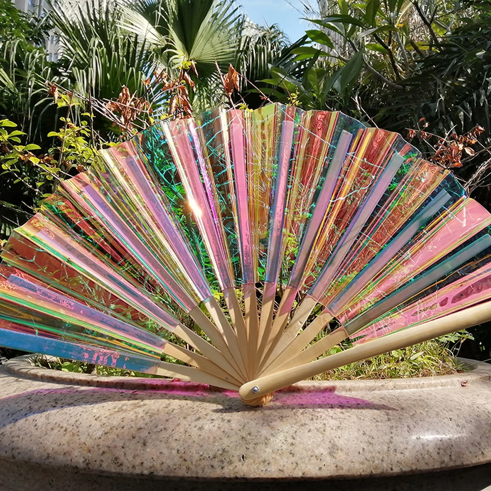 Hot selling custom logo 13 inch rainbow film wooden fan PVC big fan outdoor laser film magic color plastic film waterproof