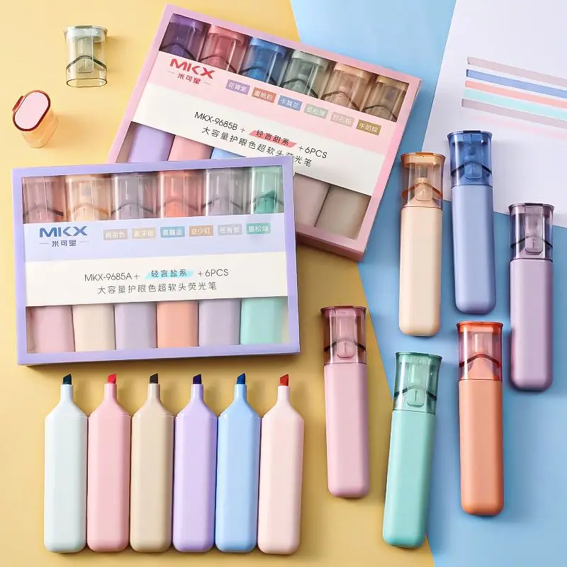 New school student highlighters set large-capacity soft tip drawing marker pens colored pens set stationery customize 6pcs/box
