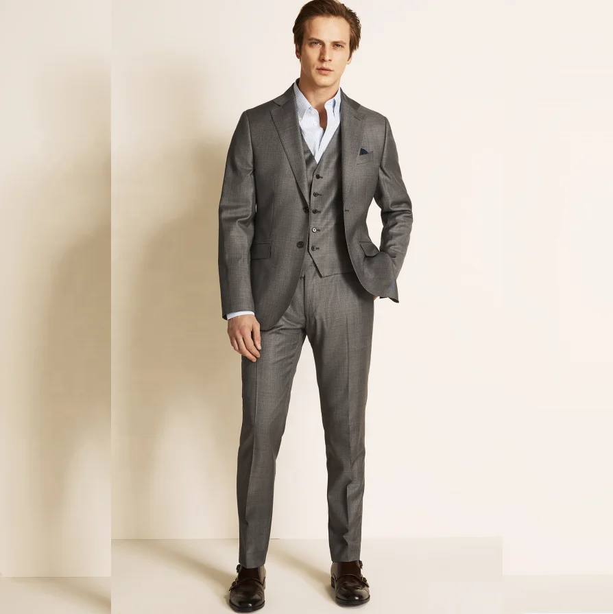 Grey polyester wool fabric made jacket shirt vest pant 4 pieces custom italian mens formal business wool suits