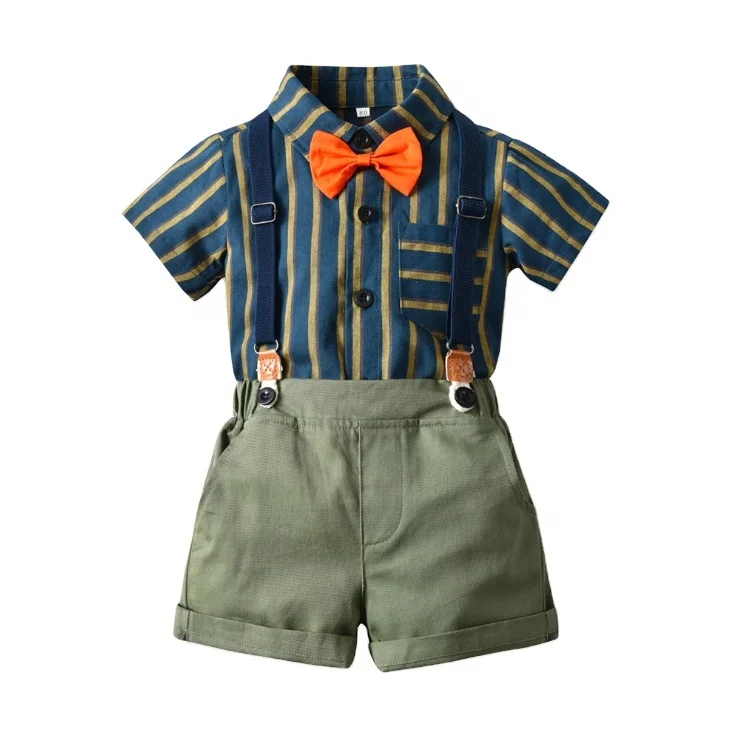 Детский комплект летней одежды, рубашка с коротким рукавом и брюки на подтяжках