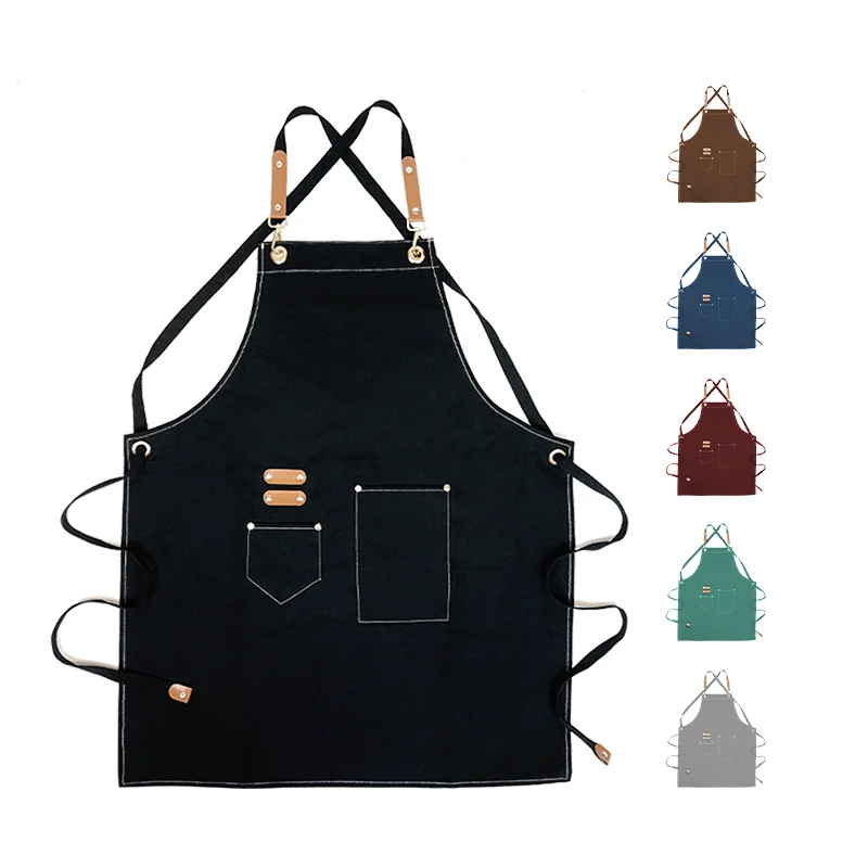 Men Women Cotton Canvas Back Black Grey Heavy Duty Leather Kitchen Barber Garden Work Chef Aprons Bib Pocket for Waiter