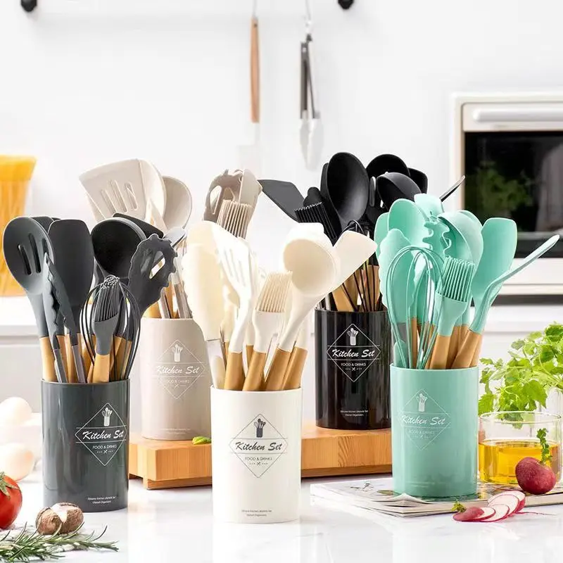 11pcs Silicone Cooking Kitchen Utensils Set, Wooden Handles Cooking Tool BPA Free Non Toxic Silicone Turner Tongs Spatula
