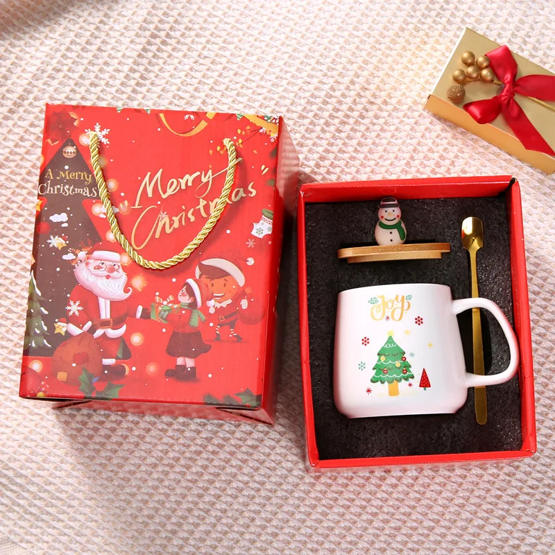 Wholesale 2024 Celebrate Christmas gift custom ceramic promotional mugs cups with wood lid and spoon