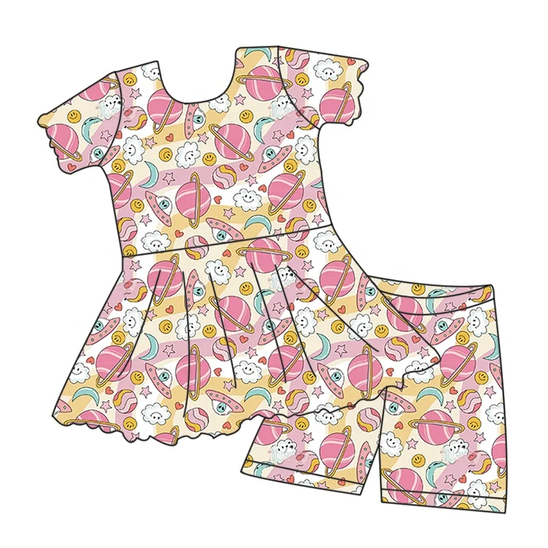 Beautiful girl summer bamboo fiber suit customized cartoon pattern short skirt pants two piece set for girl baby