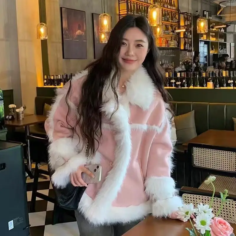 Dynamics Women Winter Fashion Outdoor Warm Luxury Fluffy Faux Fox Fur Crop Coat Artificial Lambskin Windproof Jacket Maillard