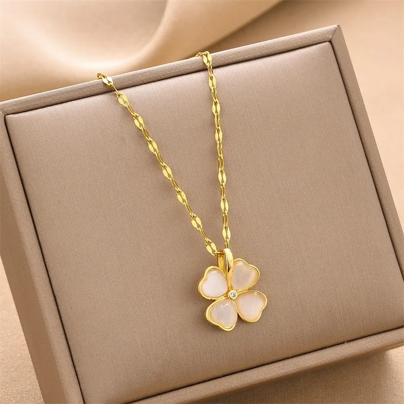 Gold Plated Stainless Steel Pearl Zircon Clover Bow Heart Layered Pendant Necklace Women Opal Letter Pendant Necklace