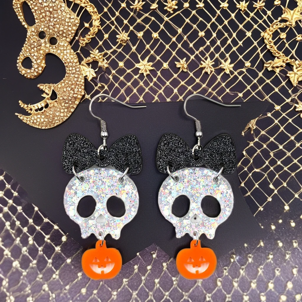 YYXER2541 New Bow Skull Pumpkin Acrylic Dangle Earrings Gold Plated Laser Cut Halloween Pearl Diamond Trendy Women Weddings