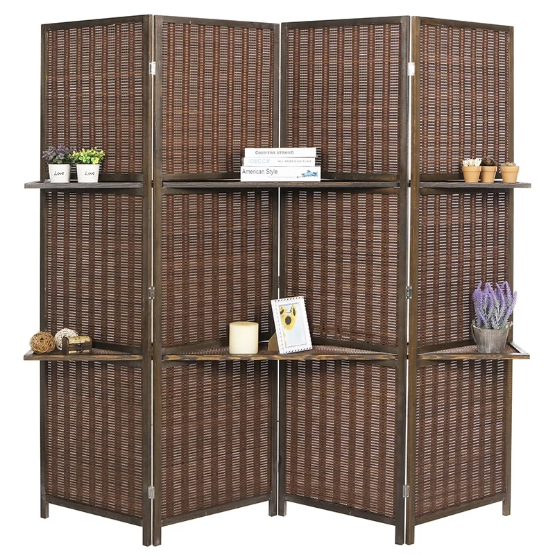 Hot Sale Bamboo Screen Room Divider With Display Shelves Folding Screen Divider For Home Decor Storage Partition Separator