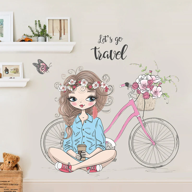Fashion Beauty Girl Stickers Flowers Bicycle Decorative Wallpaper Creative Bedroom Murals Self Adhesive TV Background Decals