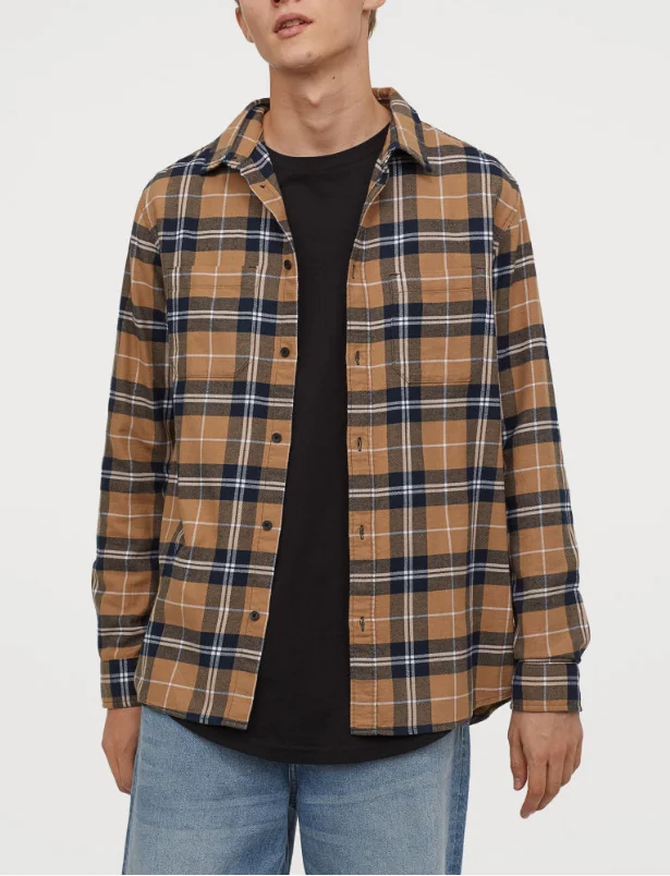 Winter Plaid Shirts Men Fashion Custom Logo Loose Casual Cotton Brushed Flannel Shirts