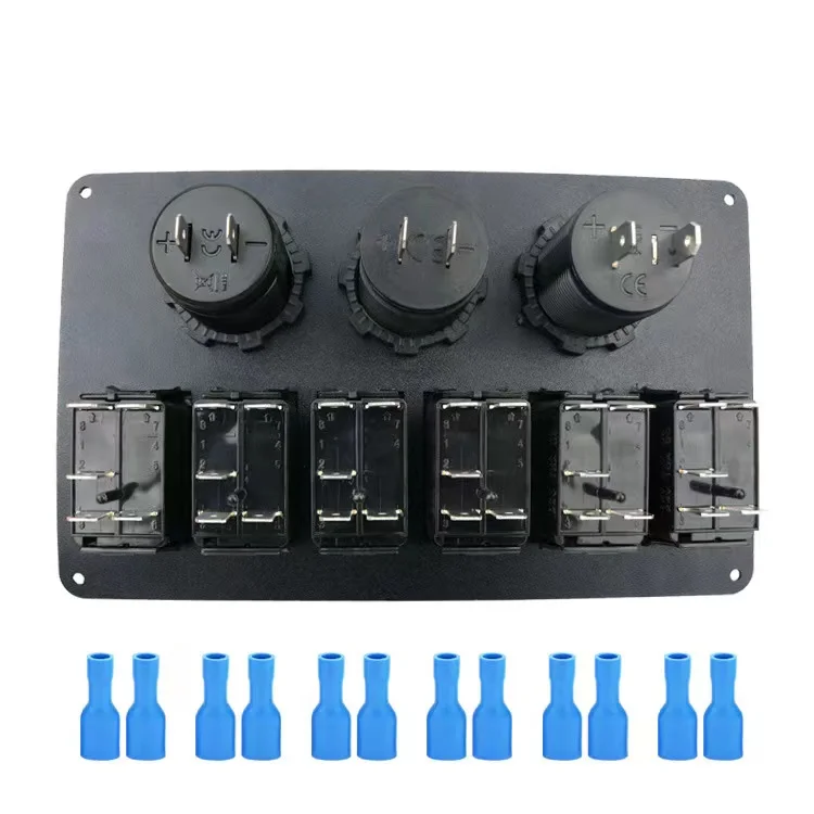 Waterproof 12V 24V 6 Gang Switch Aluminum Car Truck Switch Panel With Cigarette Lighter Adapter Dual USB And Voltmeter