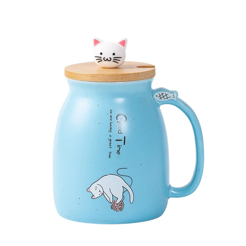 Matte Change Color High Quality Cheap Price Animal Coffee Mugs Ceramic With Wooden Lid And Stainless Steel Spoon