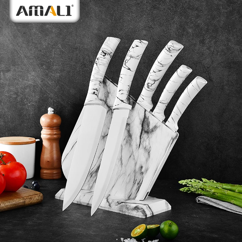 Non-Stick Coating Marble Handle 6pcs Kitchen Knife Set With Block Carving Knife Chef Knife In Color Box