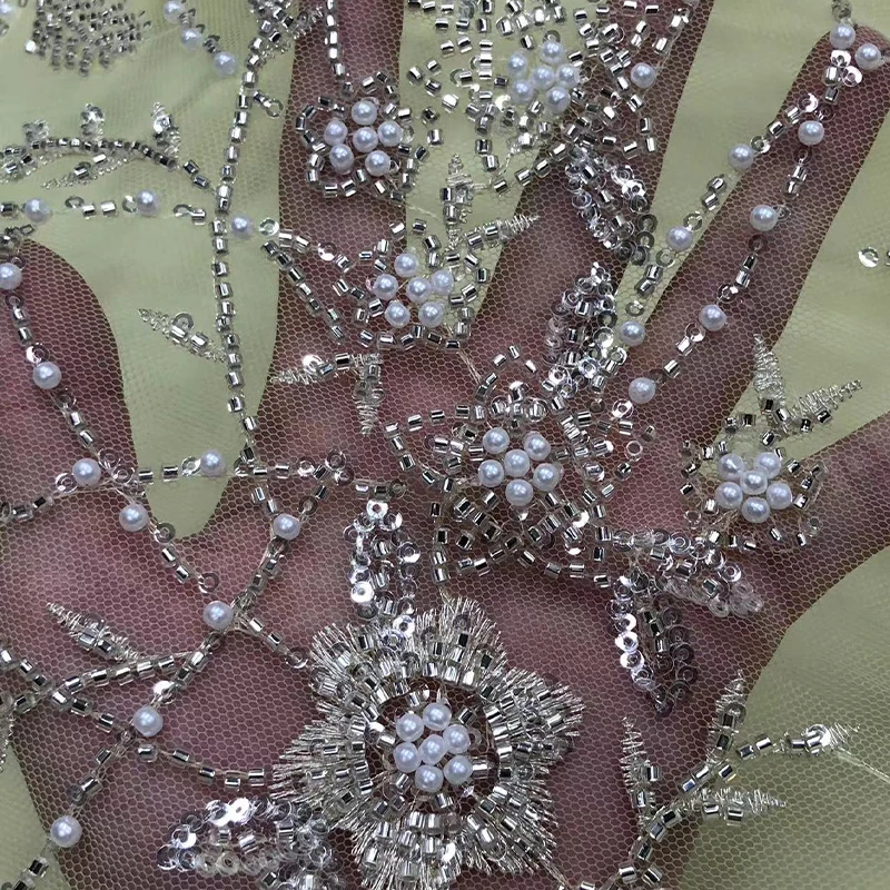 Heavy Industry Bead Embroidery Veil Lace Mesh Fabric Evening Gown Wedding Dress Fabric WS-4091