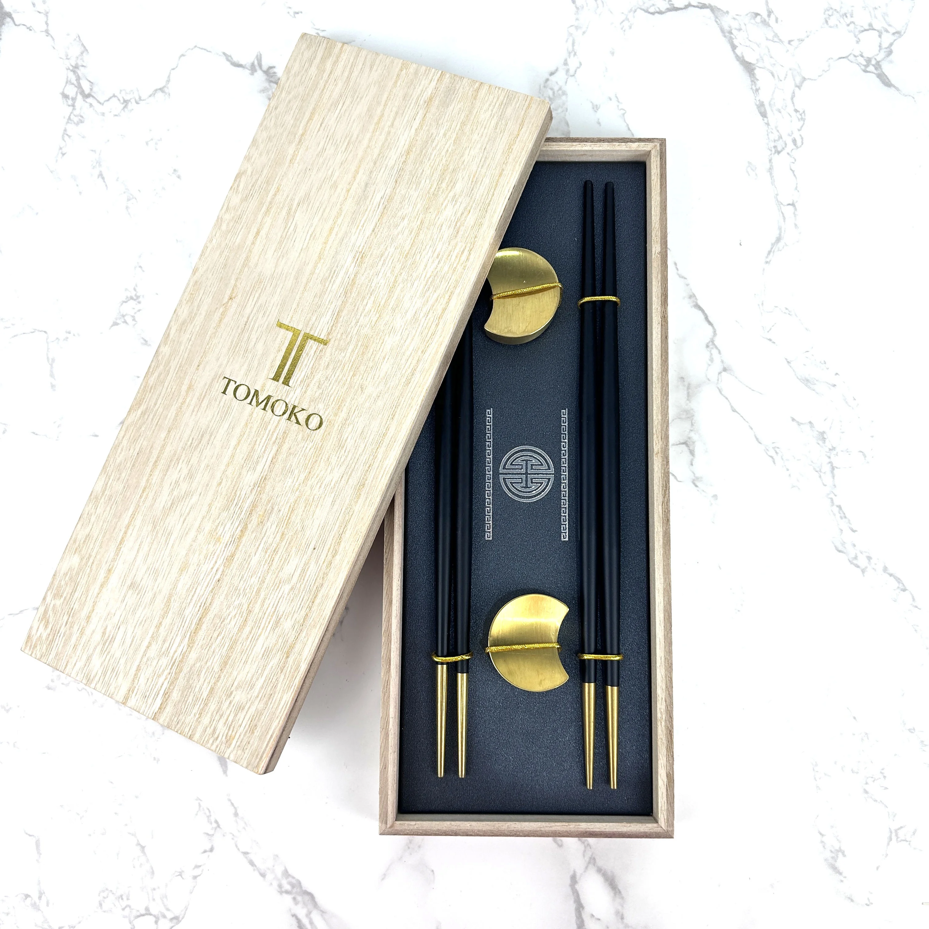 Golden Half Moon Metal chopsticks holder and Black Golden  stainless steel chopsticks Gift set in Pine wooden box Customize logo