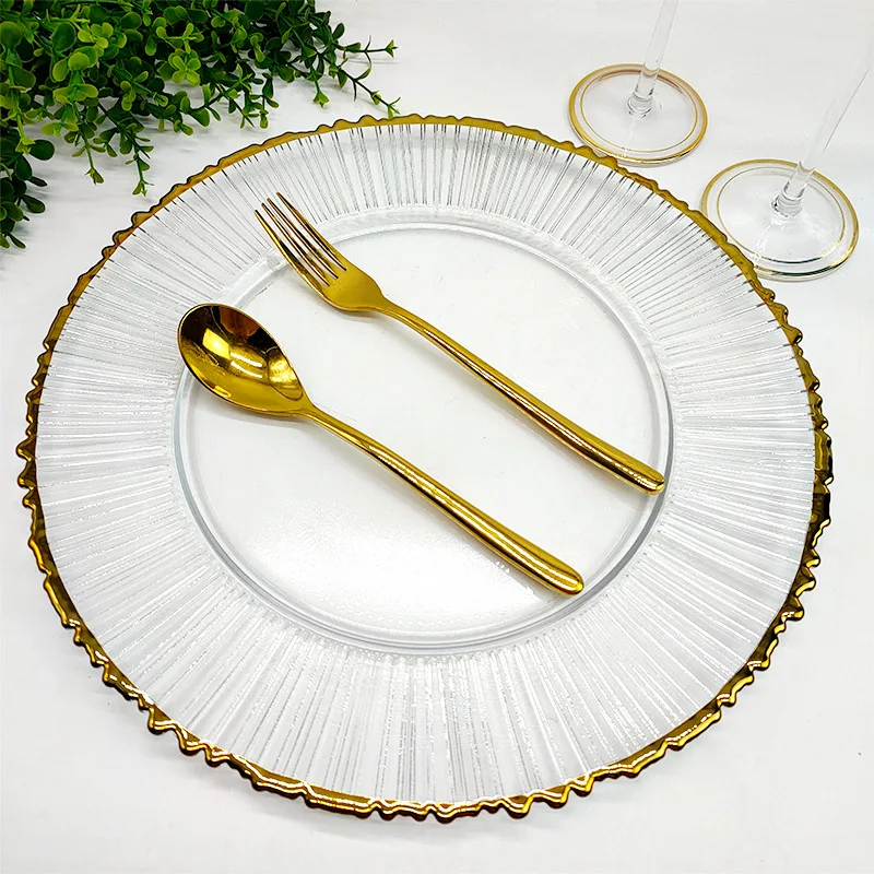 Wedding Transparent gold red rim stripe glass clear charger plate for party wedding tableware decoration