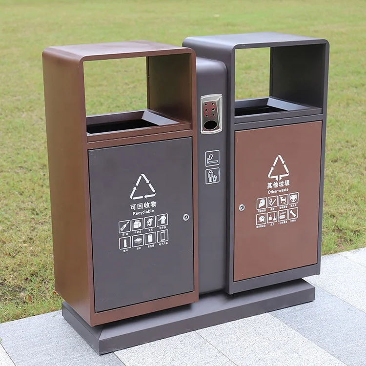 Customized outdoor dustbin steel classified recycling bins garbage sorting box metal waste container trash can for park public