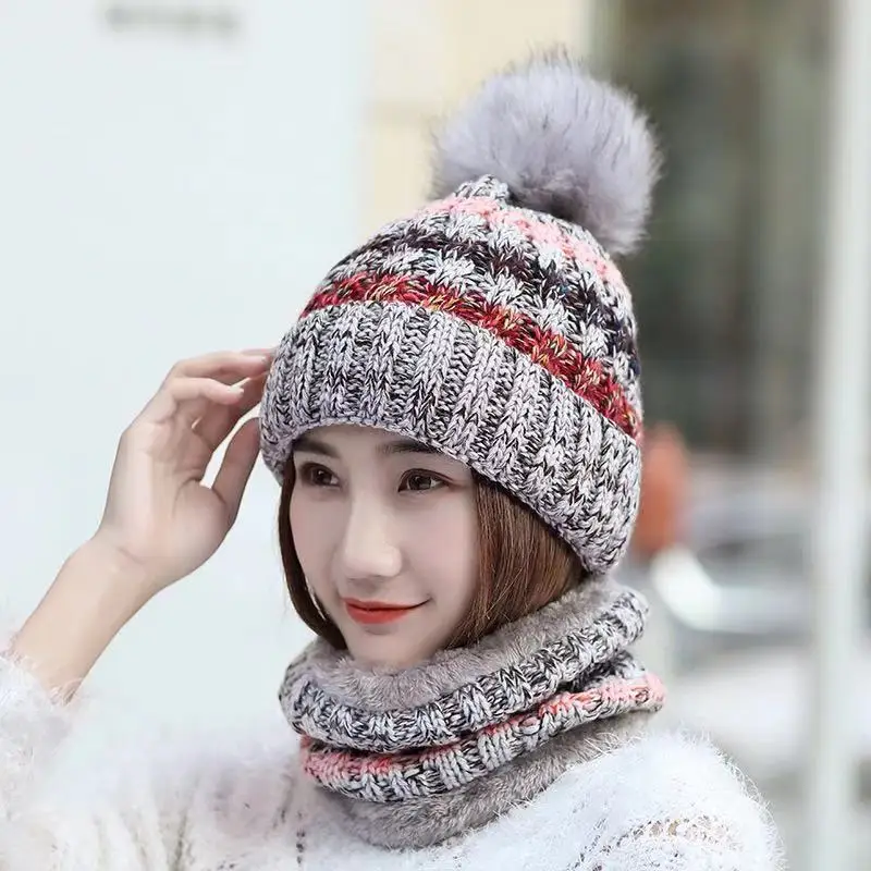 6 Color women warm cable knitted beanie hats , 2pcs /set winter hats and scarf set