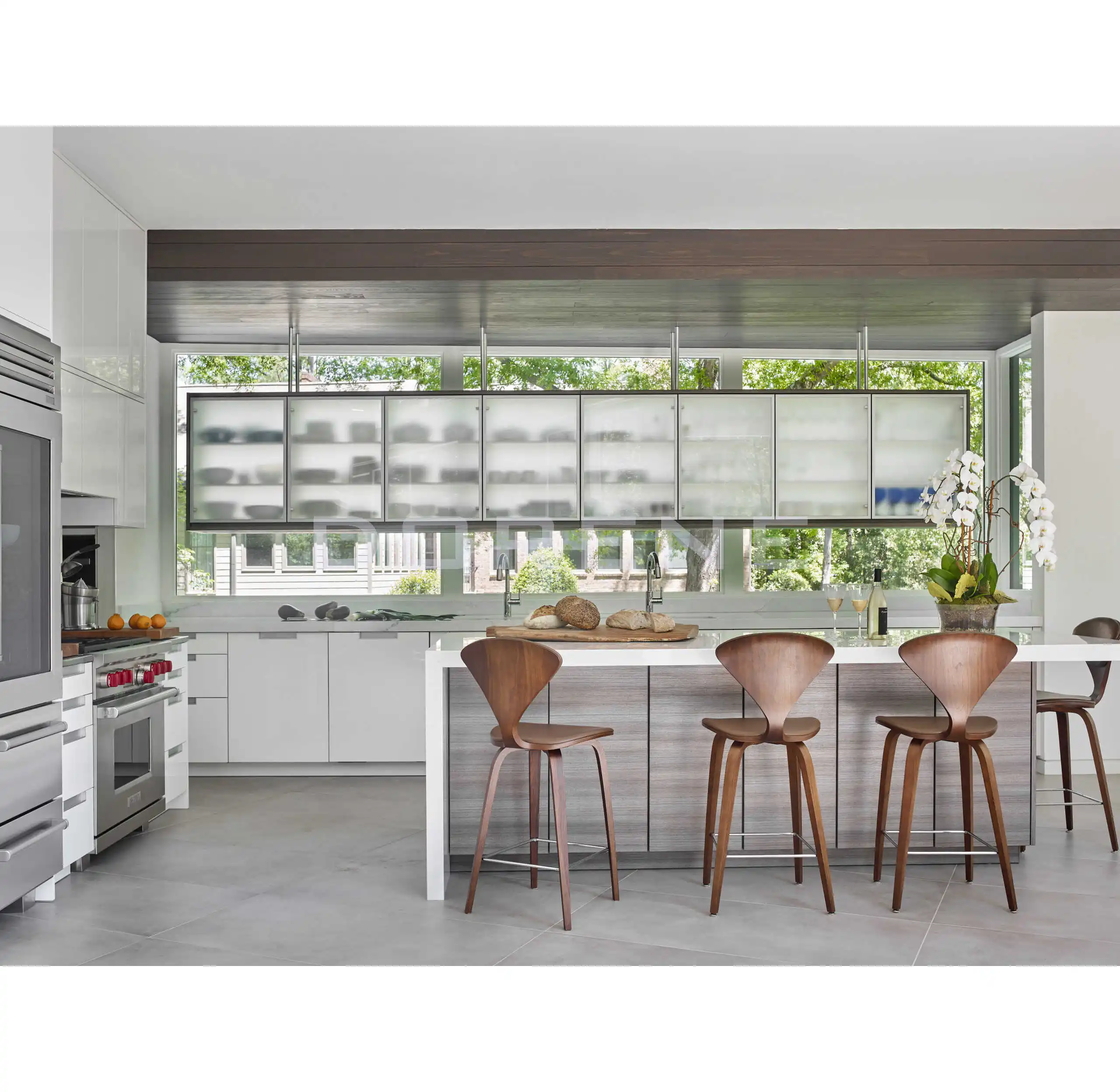 2024 Dorene Modern Design Matte White Fiberglass Tempered Frosted Glass for Kitchen Cabinet Doors Corner Storage